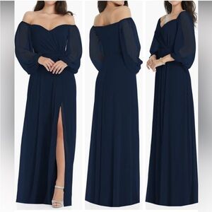 New Dessy Collection Off The Shoulder Puff Sleeve Maxi Dress Front Slit Midnight